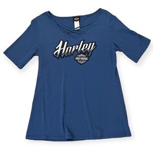 Harley Davidson Criss Cross Blue Tee Size L